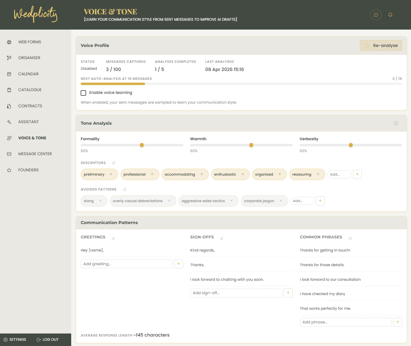 Wedplicity Voice and Tone dashboard showing tone analysis sliders for formality, warmth, and verbosity, along with communication pattern descriptors and common phrases