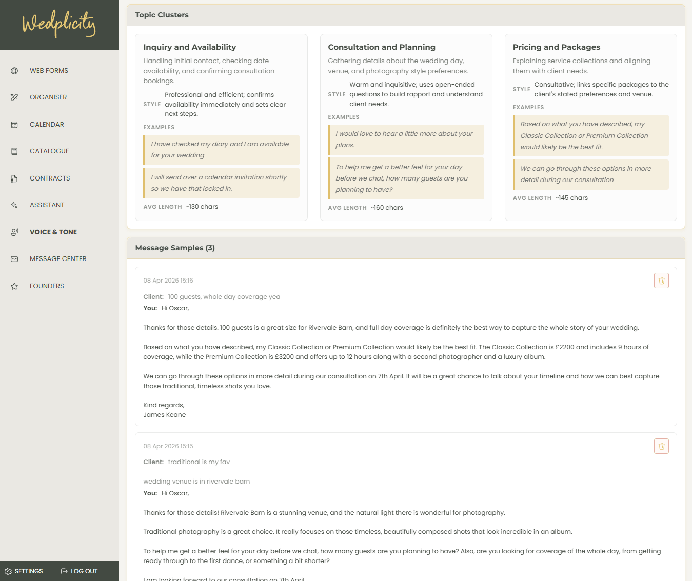 Wedplicity topic clusters showing different communication styles for inquiry handling, consultation planning, and pricing discussions with real message examples