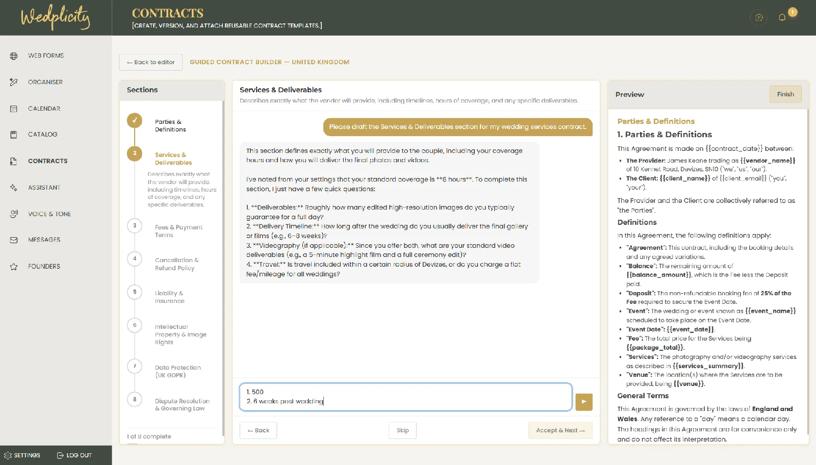 Wedplicity conversational contract drafting