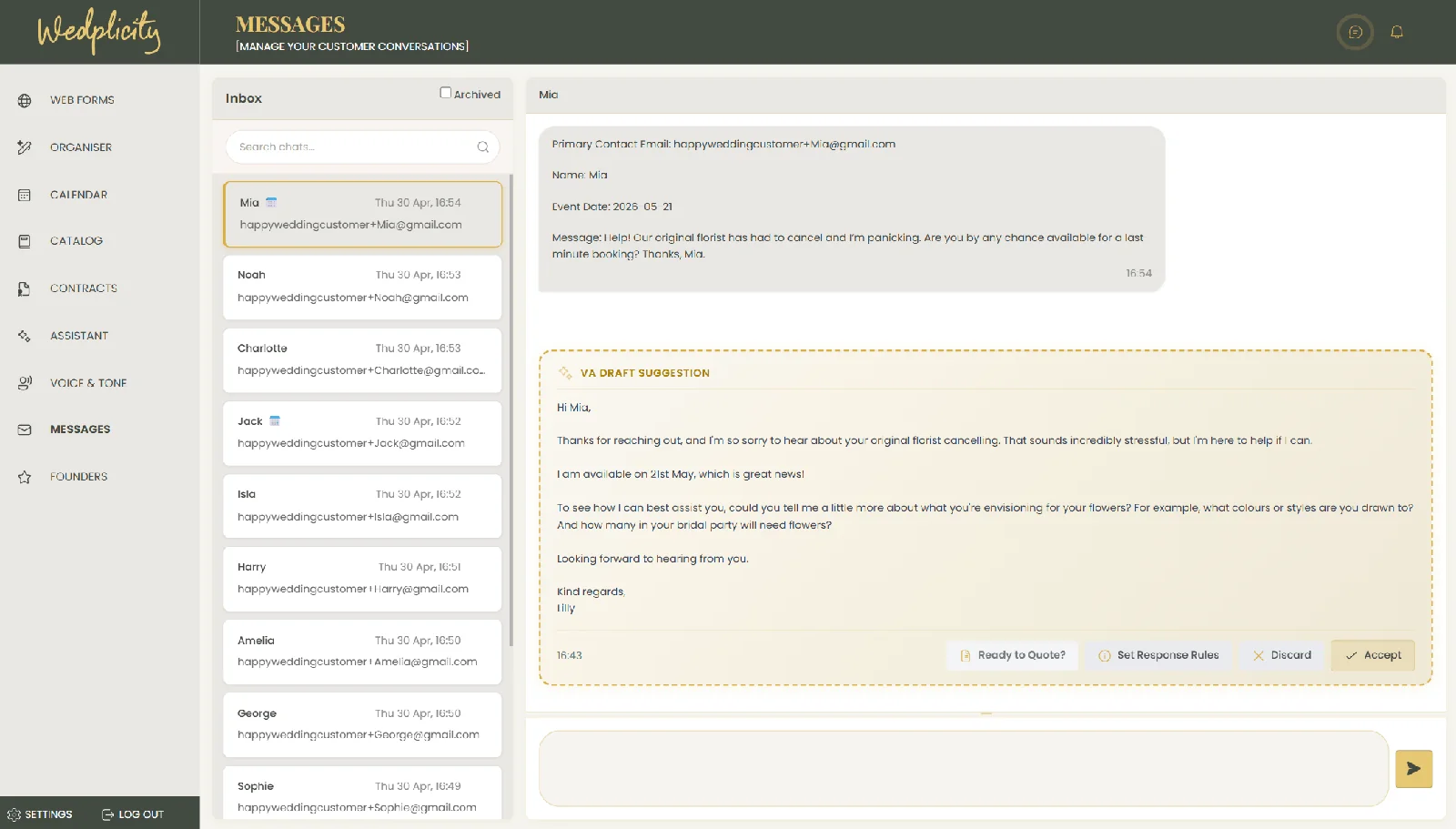 Wedplicity virtual assistant messaging