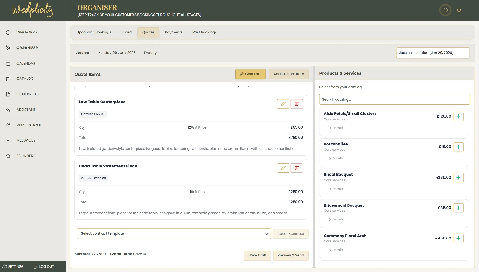 Wedplicity quote builder with catalog-based proposal drafts