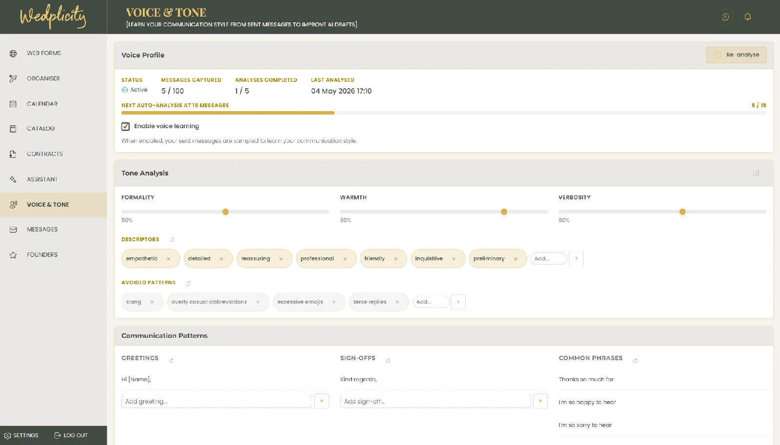 Wedplicity voice and tone controls showing automatic learning from brand communication